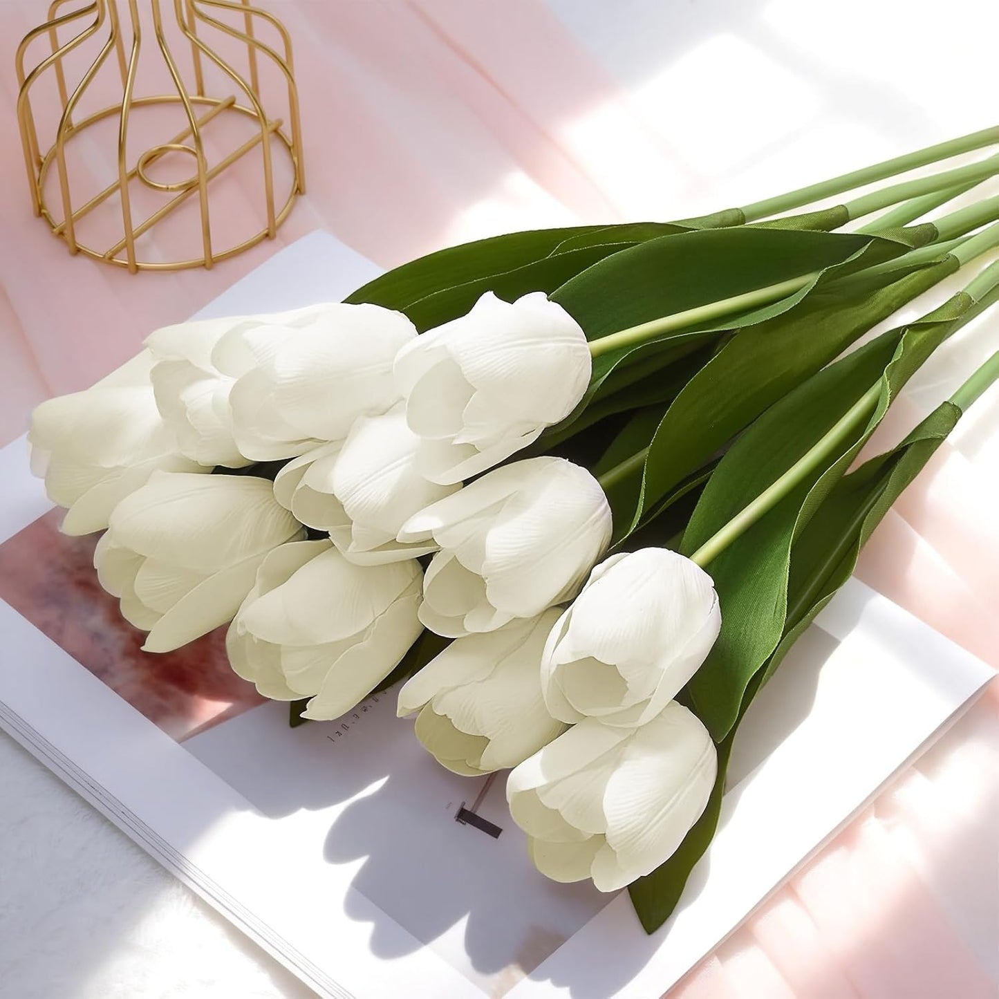 12 Pcs White Tulips Artificial Flowers Real Touch Tulips Fake Faux Tulip Flower Bouquet for Arrangement Wedding Spring Home Decor Floral Party Centerpiece 14 Inch