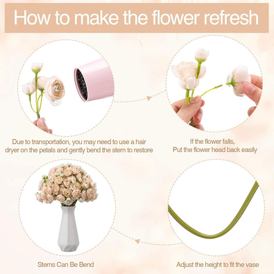 48 Pcs Ranunculus Artificial Flower,Real to Lifelike Peonies Artificial Flower Silk Faux DIY Bouquet for Wedding Bridal Shower Valentine Centerpieces Arrangements Home Decorations(White)