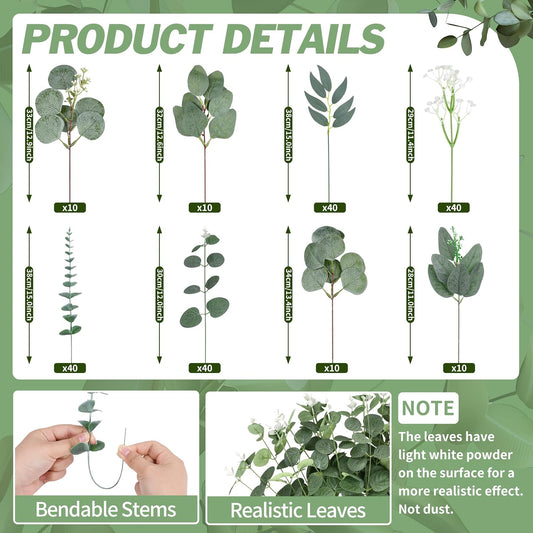 200 Pcs 8 Kinds Mixed Artificial Eucalyptus Stems Bulk Fake Silver Dollar Eucalyptus White Seeds Stems Bundle Faux Plants Greenery for DIY Bouquets Floral Arrangement Wedding Engagement Party Decor