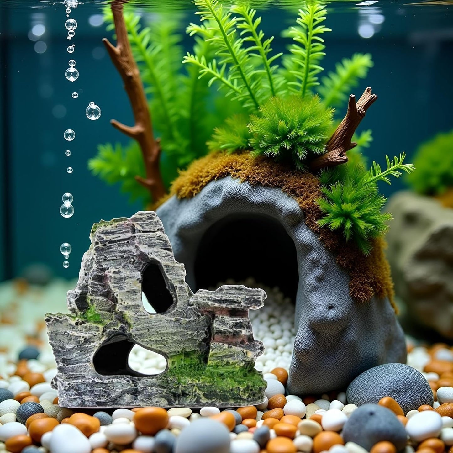 Resin Aquarium Mountain Decor with Moss Rock Cave - Multi-Level Terrain for Fish Tank Landscaping, Natural-Looking Rockery Design with Hidden Cave and Crevices for Shrimp Reptile Habitat Aquascaping
