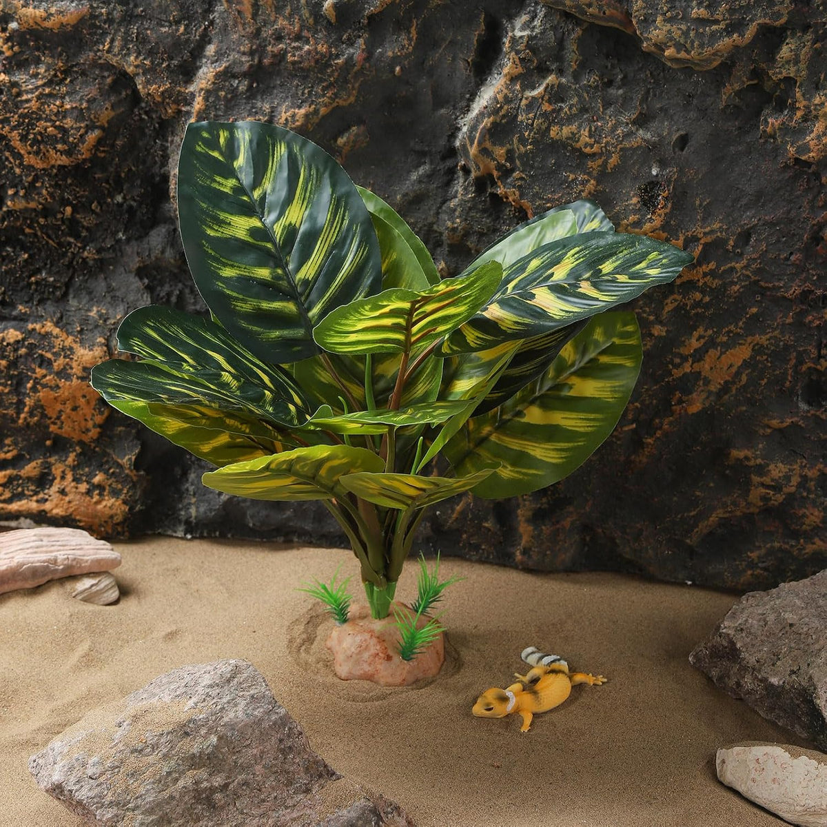 Reptile Plants - Tortoise Habitat Accessories, Artificial Spider Plant for Gecko, Ball Python, Terrarium Decor - Monstera