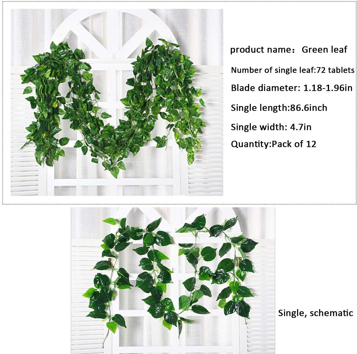 Epipremnum Aureum Leaves, Green Vines Fake Plant Vine Leaves, Hanging Fake Vine Leaves, Home Kitchen Garden Office Wedding Wall Decor (Pack of 12 86 Inch Fake Plants)