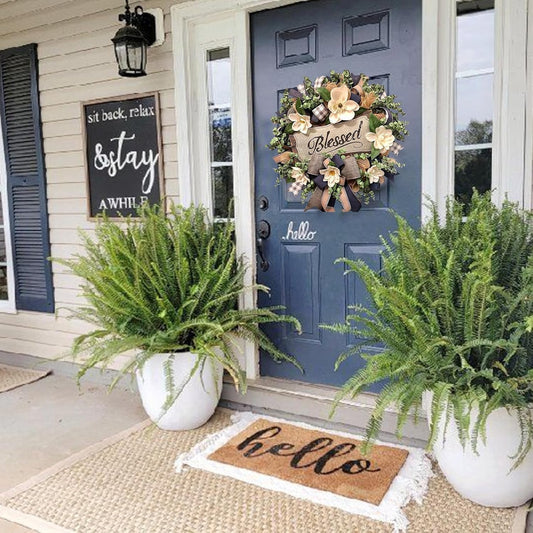 Spring Summer Wreath for Front Door,Farmhouse White Floral Porch Decoration,Front Door Hanger,Housewarming Gift, Buffalo Plaid Year Round Wreath,Summer Home Decor