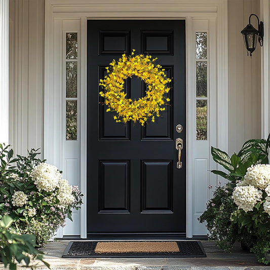 22" Summer Wreaths for Front Door, Artificial Forsythia Flower Wreath on Grapevine, Yellow Wreaths with Green Leaves, Silk Floral Wreath for Home Indoor Wall Window Garden Porch Farmhouse Decor