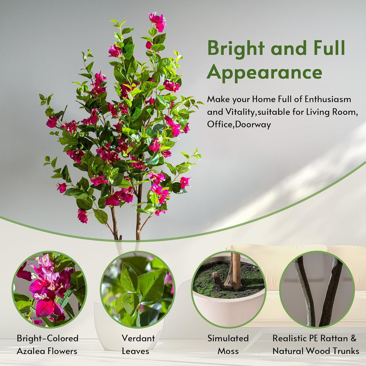 Erimda 6FT Artificial Bougainvillea Tree Artificial Tree Tall Potted Fake Bougainvillea Trees for Outdoor Indoor Lifelike Potted Faux Plants with Wood Trunk and Flowers Office Wedding Home Decor