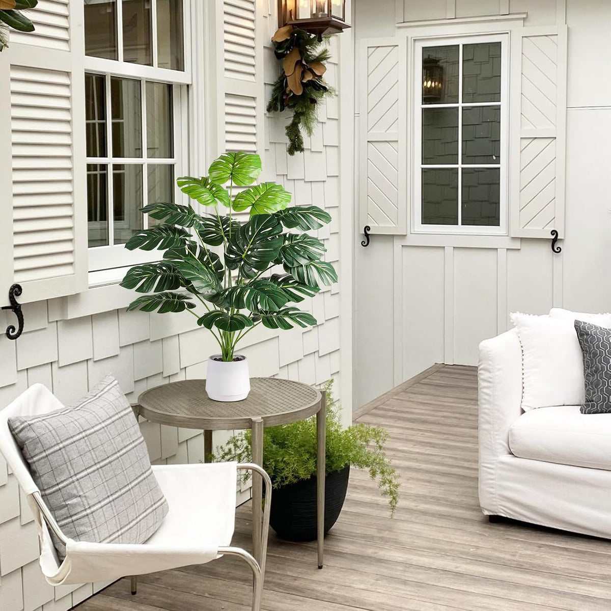 28'' Artificial Alocasia Tall Fake Plants with White Planter Pre-Assembled