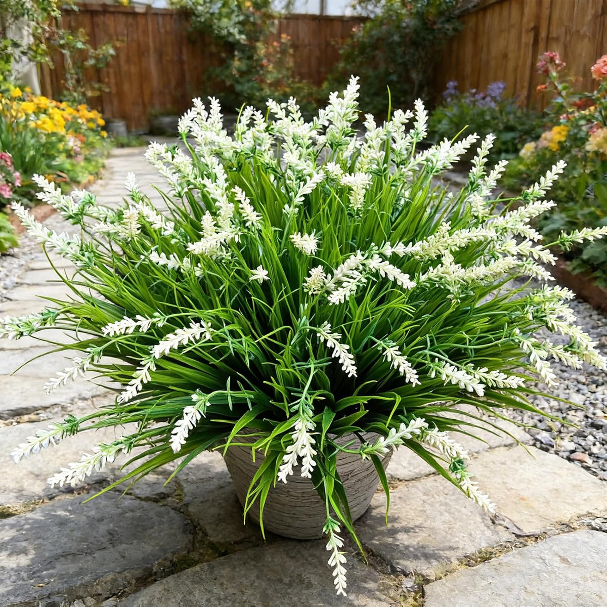 12 Bundles Artificial Grass Fake Plants,Outdoor Fake Monkey Tail Grass with Flowers for Pot UV Resistant Lavender Patio Garden Porch Home Window Hanging Planter Decor Faux Plastic Shrubs(Puper+Green)