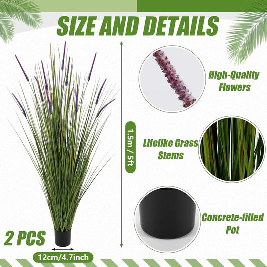 Thiccywoov 2 Pack Artificial Grass Plants, 5ft Tall Fake Lavender Plants Grass Indoor Outdoor in Pot, UV Resistant Fake Tall Greenery Lavender for Front Porch, Patio, Balcony Home House Decor