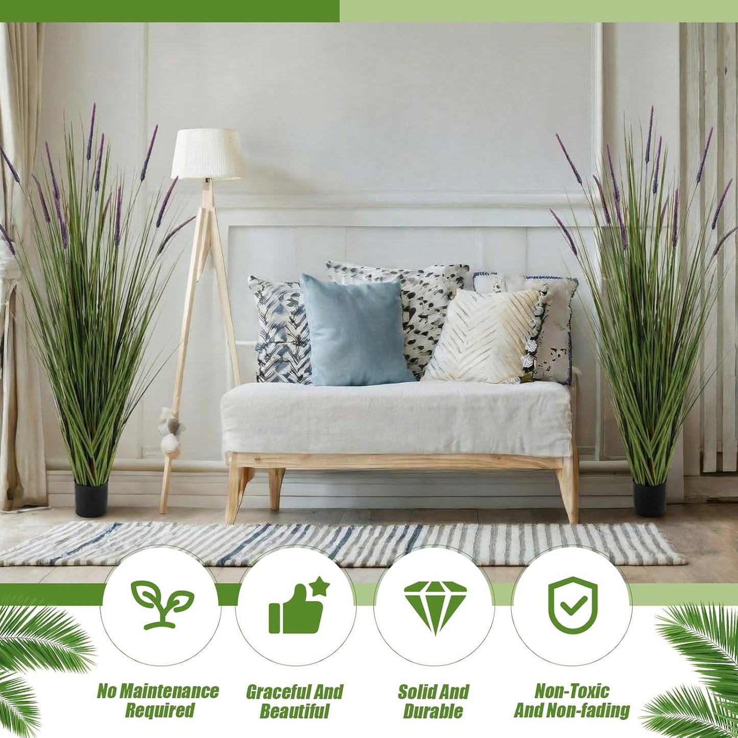 Thiccywoov 2 Pack Artificial Grass Plants, 5ft Tall Fake Lavender Plants Grass Indoor Outdoor in Pot, UV Resistant Fake Tall Greenery Lavender for Front Porch, Patio, Balcony Home House Decor