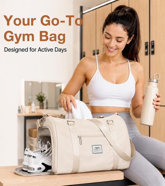 Womens Gym Tote Duffle Bag with Wet Pocket & Shoe Compartment, Sports Duffel Overnight Weekender Hospital Workout Carry on Bag for Girls, Ideal for Travel, Swimming, Dance, Ballet Beige