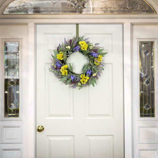22 inch Artificial Spring Wreath with Pansy Blooms, Lavender, and Assorted Blossoms, Realistic Floral Decoration for Front Door or Indoor Décor