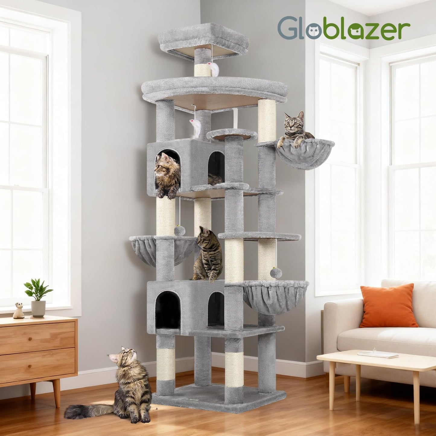 Extra Large Cactus Cat Tree Tower, 82in Tall Heavy Duty Cat Tree for Indoor Cats Large Adult Big Cat Tower with 8 Scratching Posts, 2 Cat Condos, 2 Top Perches, 3 Hanging Baskets, S82, Green