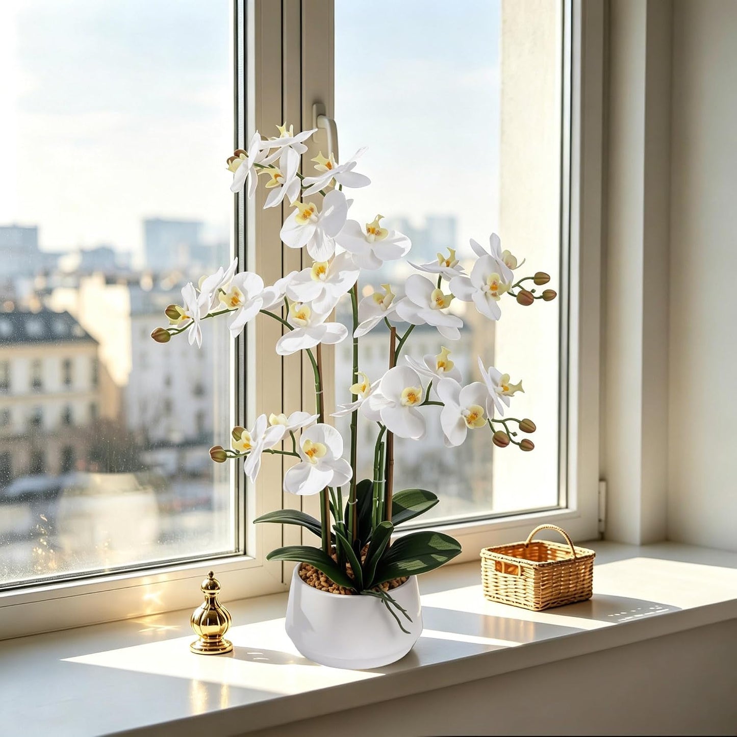 Artificial Orchid Flowers 26 Inch in Pot Look Real Fake White Phalaenopsis Potted Faux Plant for Home Office Indoor Outdoor Decor