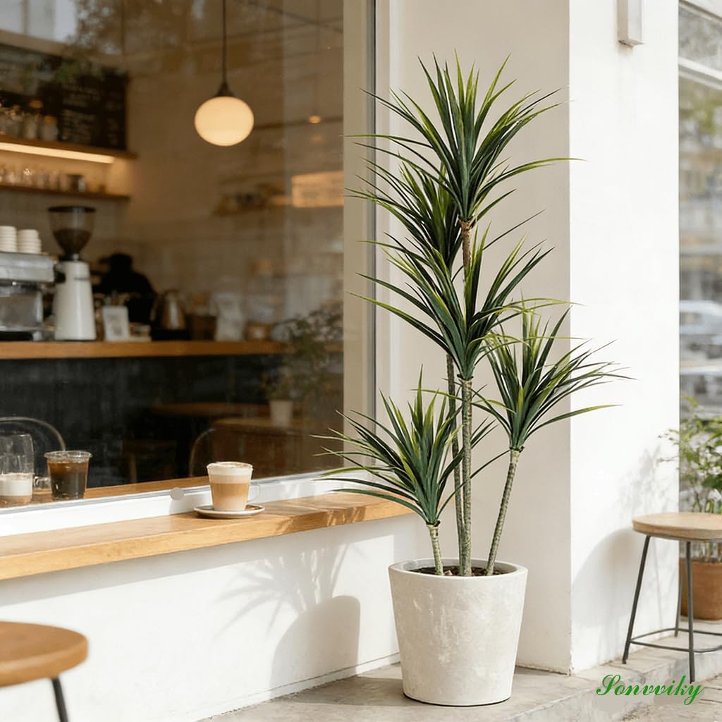 Dracaena Artificial Plant (Dragon Tree) - 5FT Artificial Plants Indoor with Realistic Resin Trunk and Lifelike Leaves - Artificial Trees for Home Decor Indoor, Faux Dracaena Marginata