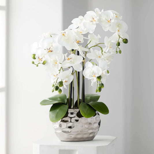 Potted Faux Artificial Flowers Arrangements Realistic White Phalaenopsis Orchid in Silver Pot Home Decoration Living Room Office Bedroom Bathroom Kitchen Dining Room 23" High