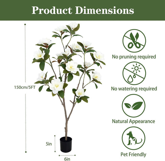 Artificial Magnolia Tree 5ft – Realistic Faux Plant with Adjustable Branches, Elegant Blooms, Easy to Assemble & Low Maintenance for Home & Office Décor