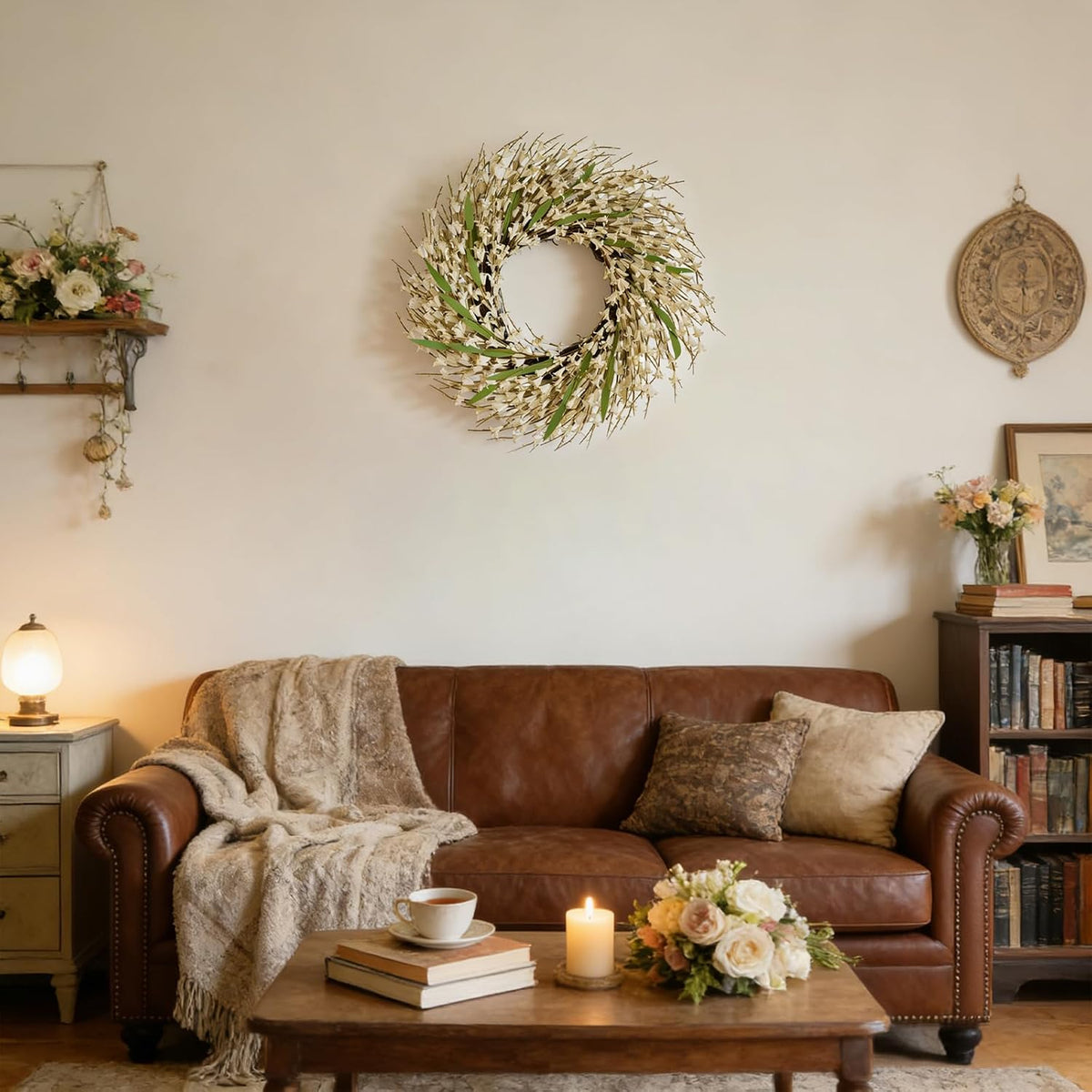 22 Inch Spring Yellow Forsythia Leaf Wreath, for Front Door Window Porch Living Room Mantel Farmhouse Spring Home Decor Gift