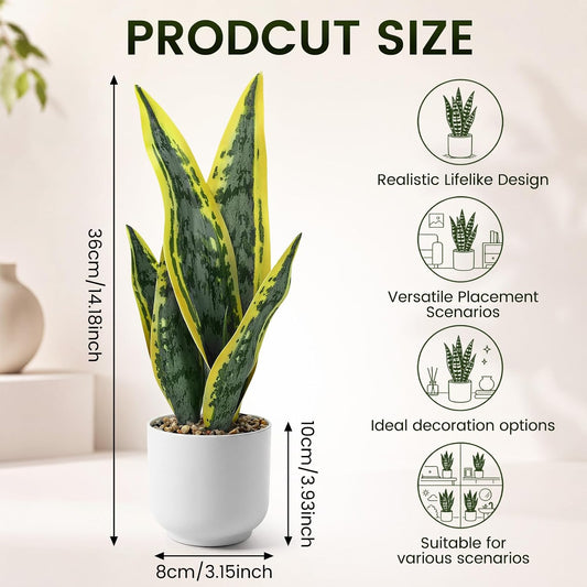2 Pack Artificial Snake Plant Fake Sansevieria Trifasciata 14.18" Tropical Faux Snake Plant Fake Potted Plants for Office Desk Home Living Room Indoor Decor Housewarming Gift