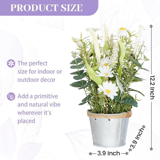 Artificial Flowers Potted, 12.2'’ Small Flower Arrangement with White Daisy Lavender in Metal Pot, Fake Floral Centerpieces for Tables Spring Summer All Season Home Indoor Decaorations