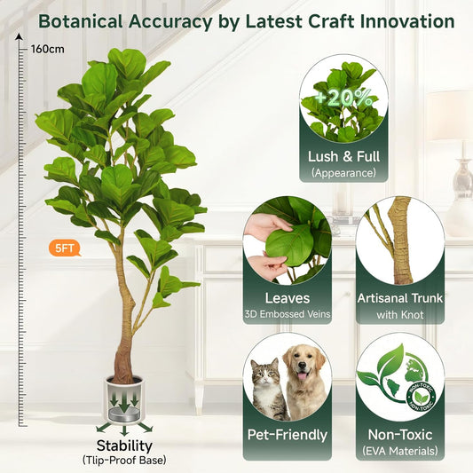 5ft Artificial Fiddle Leaf Fig Tree Tall Large Realistic Fake Ficus Lyrata Plant for Indoor Home Decor Office Living Room Floor Plant Modern Farmhouse Silk Tree 60 Inch Pet Safe Maintenance Free