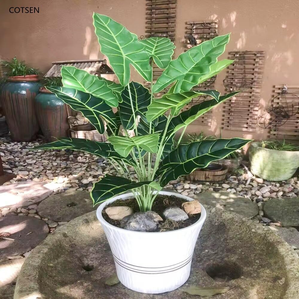 Artificial Plants 2 Pcs Artificial Alocasia Plants 28inch Faux Alocasia Tree Large Fake Plants Family Office Indoor Outside Decor