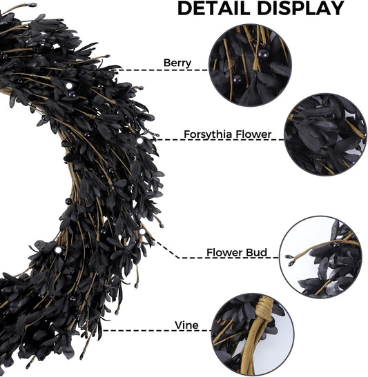 20'' Artificial Forsythia Wreath Spring Summer Fall Winter Wreaths for Front Door with Berries Silk Leaves Wreath for Halloween Decorations Porch Wall Window Indoor Outdoor Home Decor (Black)