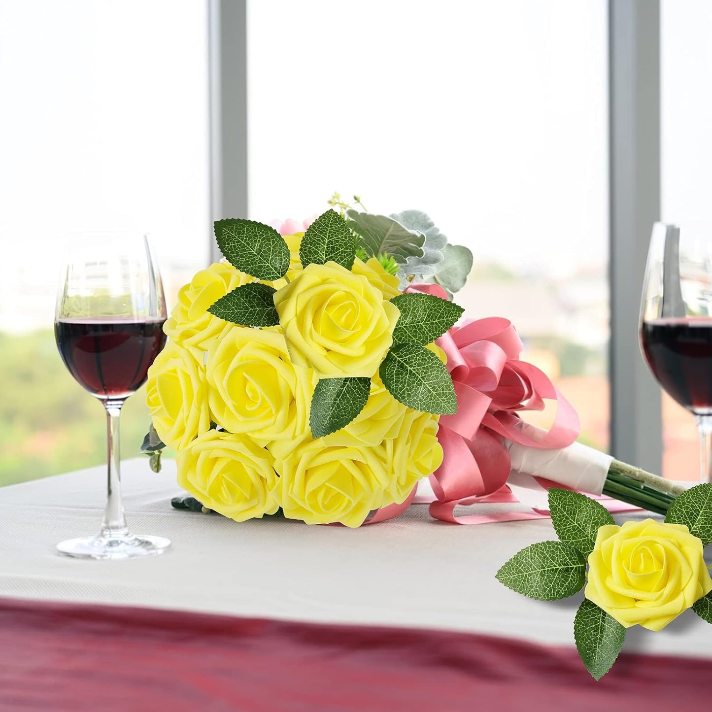 Artificial Flowers Dark Red Rose 25pcs Real Looking Fake Roses w/Stem for DIY Wedding Bouquets Centerpieces Arrangements Party Baby Shower Birthday Christmas Tree Decorations
