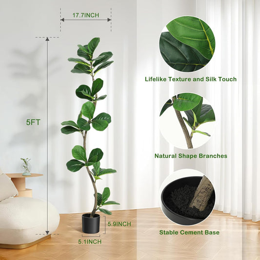 6 ft Artificial Fiddle Leaf Fig Tree with Black Nursery Planter | Fake Plant with Pot, Large Fake Tree for Home or Office Decor - Artificial Plants Indoor Outdoor, Housewarming Gift