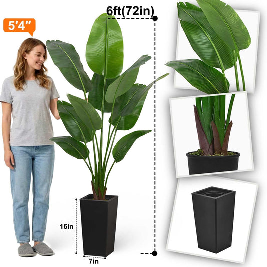 6ft Artificial Bird of Paradise Tree for Home Decor, 6 ft Faux Floor Plant Fake Silk Banana Leaf Tropical Trees with Pot for Indoor Outdoor House Living Room (6 feet Tall Including Raised Pot)