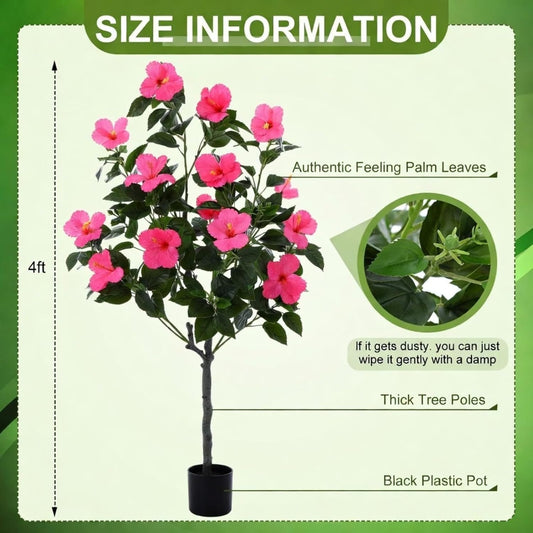 4 ft Artificial Hibiscus Tree with 14 Silk Flower, 2 Pack, Rose Red