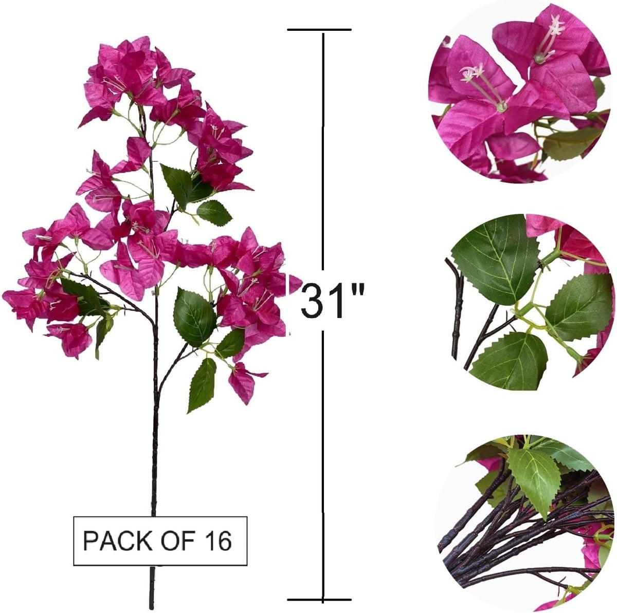 Pack of 16 - Artificial Bougainvillea Flower Stems Silk Bougainvillea Long Branches Full Blossoms for Home Wedding Table Centerpiece Shower Event Backdrop Indoor Outdoor Decorations (Fuchsia)