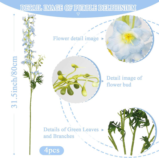 4 Pcs Delphinium Artificial Flowers Light Blue 31" Long Stem Silk Larkspur Faux Flowers Snapdragon Floral Arrangements for Tall Vase Home Wedding Table Centerpiece Outdoor Garden DIY Crafts