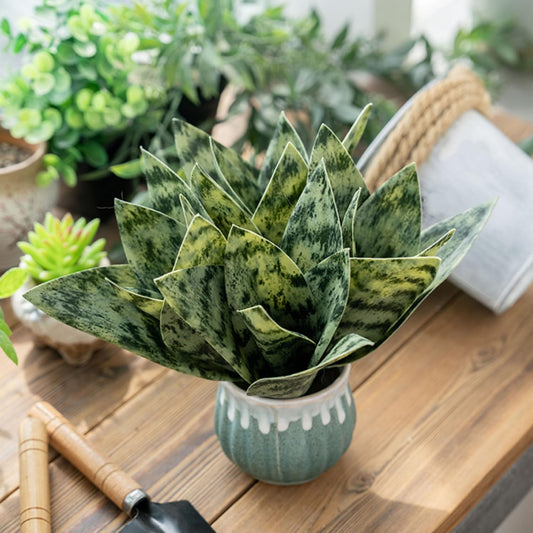4 Pcs Artificial Snake Plants,Faux Snake Plant 7.48" Tropical Fake Plants Mini Tongue Plant for Home, Office & Garden Décor,Without Vase (Greenish-Yellow)
