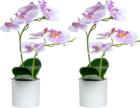 Artificial Orchid Flowers, 2 Pieces Potted Orchid Flowers with Plastic Vase for Table Centerpiece Home Decor Office Wedding Party Decoration