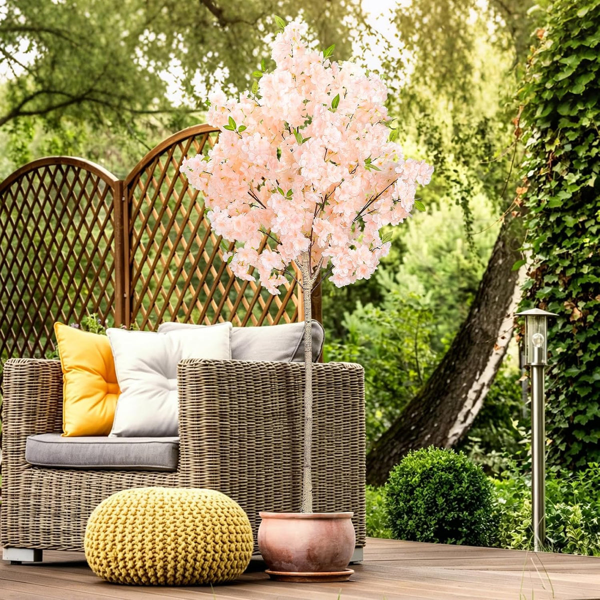 6FT Artificial Cherry Blossom Tree with Nursery Pot, Faux Champagne Sakura Tree with Adjustable Branches for Living Room, Entryway, Office and Wedding Decor
