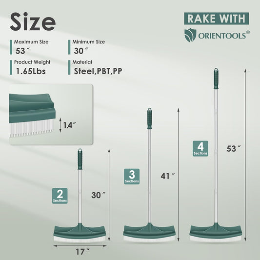 Artificial Turf Rake, Curved Grass Rake with 4-Section Adjustable Steel Handle from 30" to 53", Hand Telescopic Brush, for Artificial Turf, Patios, Carpets, Pet Hairs and Garden Lawn Clean
