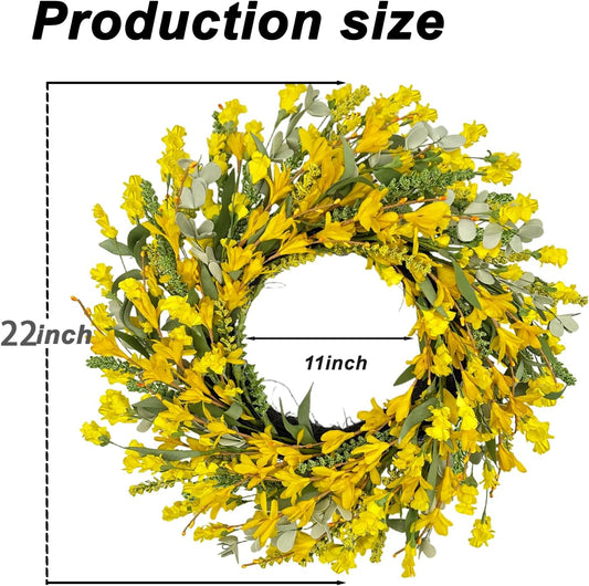 22 Inch Yellow Forsythia Wreaths for Front Door, Spring Summer Floral Wreath, Farmhouse Wreath for Porch, Wall, Window, Indoor Outdoor Home Decor