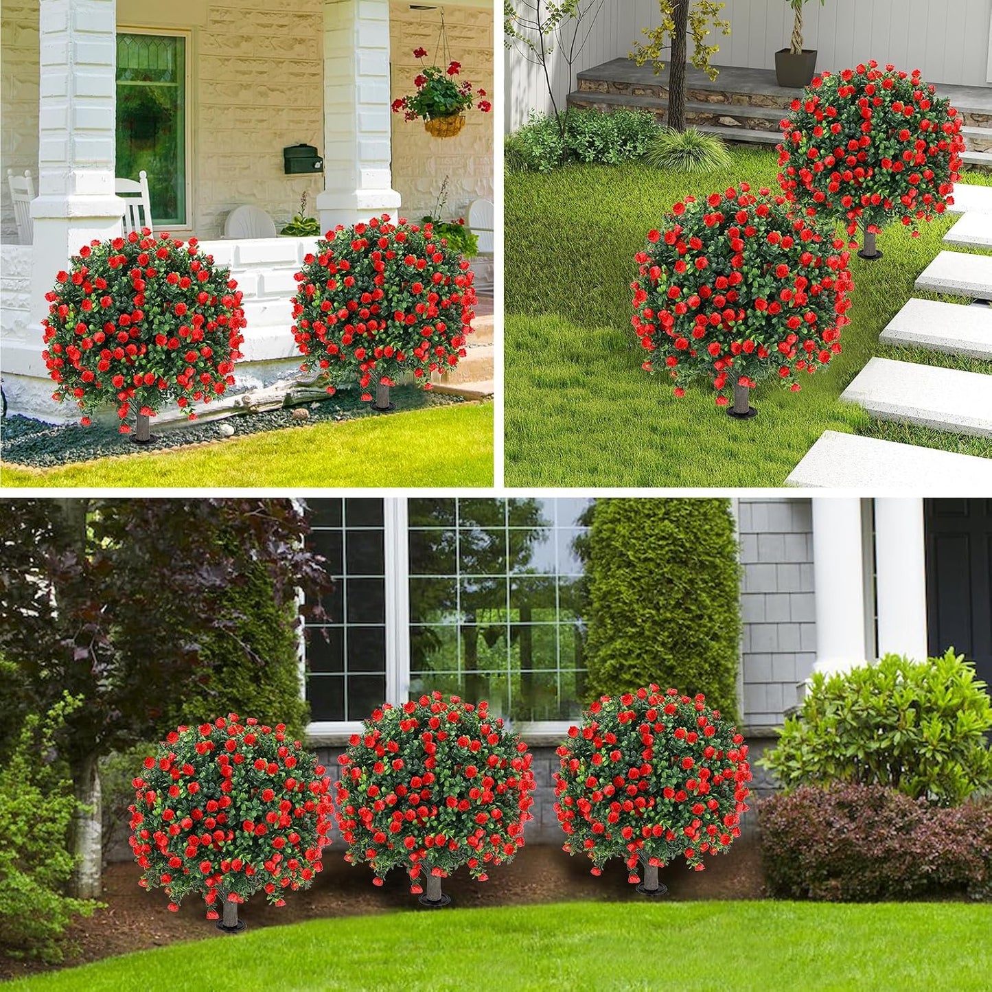Artificial Red Eucalyptus Topiary Ball Tree 24" with Ground Spike, Set of 2 Artificial Boxwood Bushes for Faux Shrubs, Fake Evergreen Faux Plant for Indoor Outdoor Garden -UV Resistant–Fade-Proof
