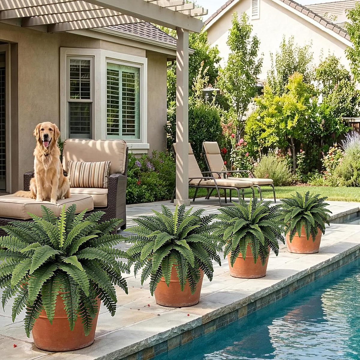 Fake Ferns - Set of 2 Faux Boston Ferns Large Artificial Plants, 40 Leaves per Bouquet, 35 Inches Large Artificial Ferns for Outdoors/Indoor Home, Office, Garden Decoration