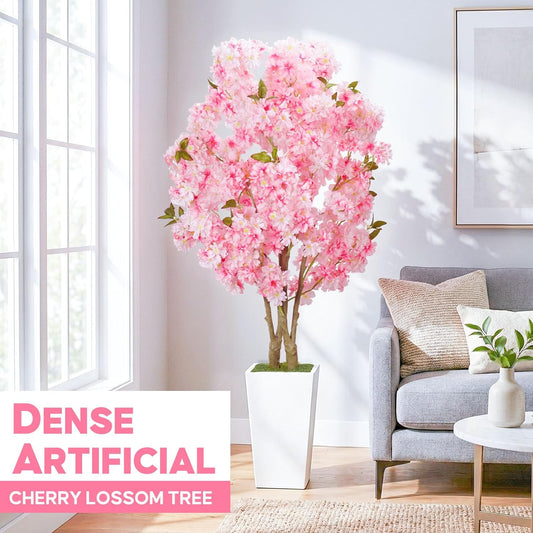 No-Splice Trunk Artificial Cherry Blossom Tree 5FT, Realistic Fake Tree Indoor Plants for Spring, Faux Cherry Tree with Tall White Planter for Living Room Bedroom Office Entryway Home Decor