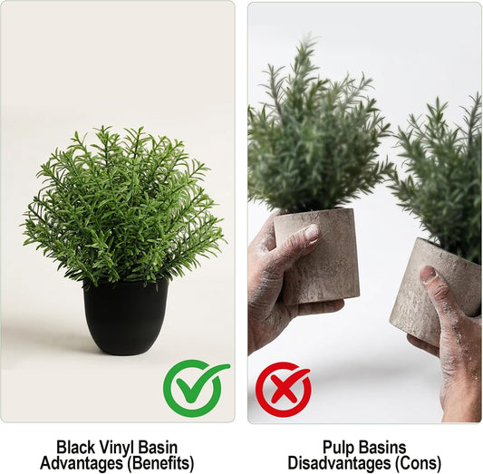 8-Inch Artificial Rosemary Plant, Small Faux Potted Greenery | Small realistic plastic faux shrub pot for indoor home, office, shelf, table, kitchen, and bathroom wall decor.