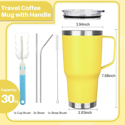 30 oz Tumbler with Handle, Stainless Steel Insulated Tumbler with Lid and Straw, Double Wall Vacuum Coffee Mug Tumbler, Insulated Coffee Thermal Cup for Cold and Hot (Yellow)