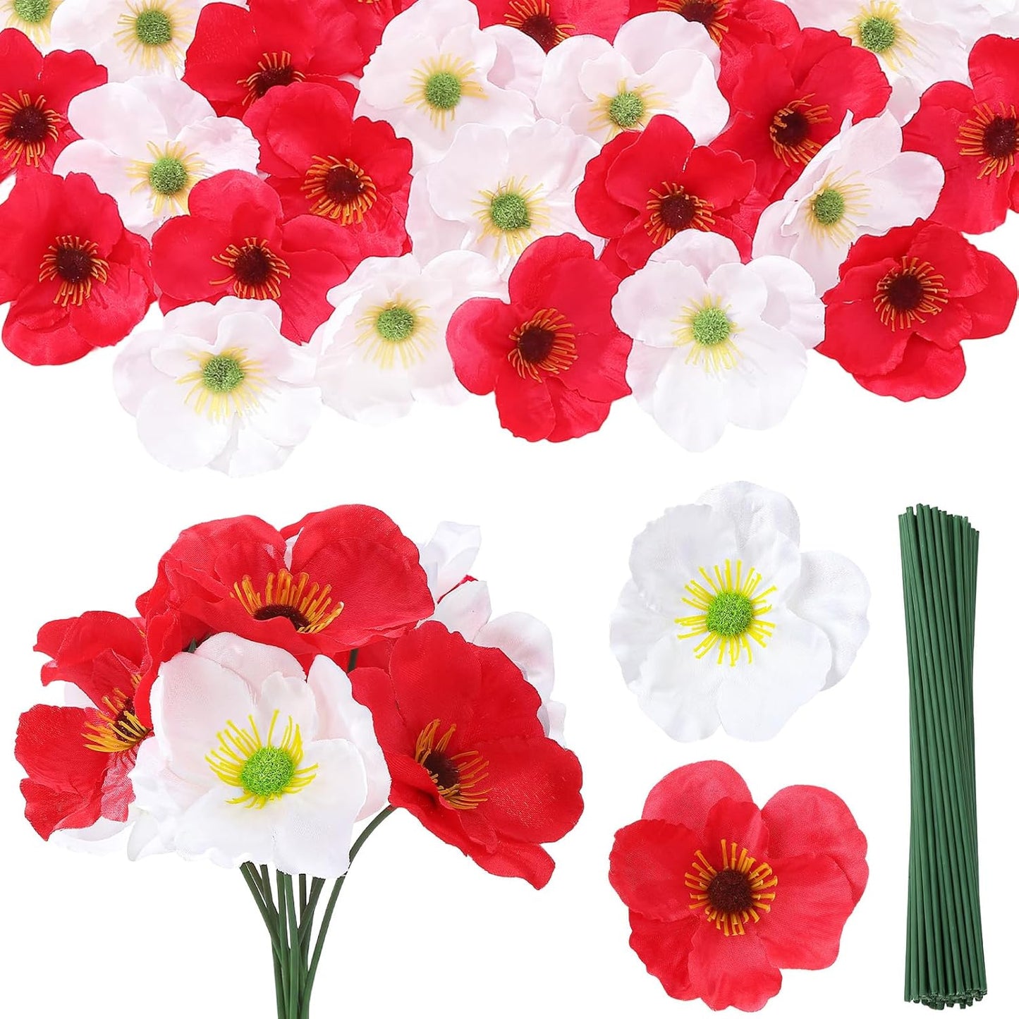 Set of 60 Red, White Poppy Artificial Flowers Silk Fake Poppies Heads with 5.9 inch Flower Branch Remembrance Memorial Veterans Day Decor Bulk Party Halloween Wedding Bouquet DIY