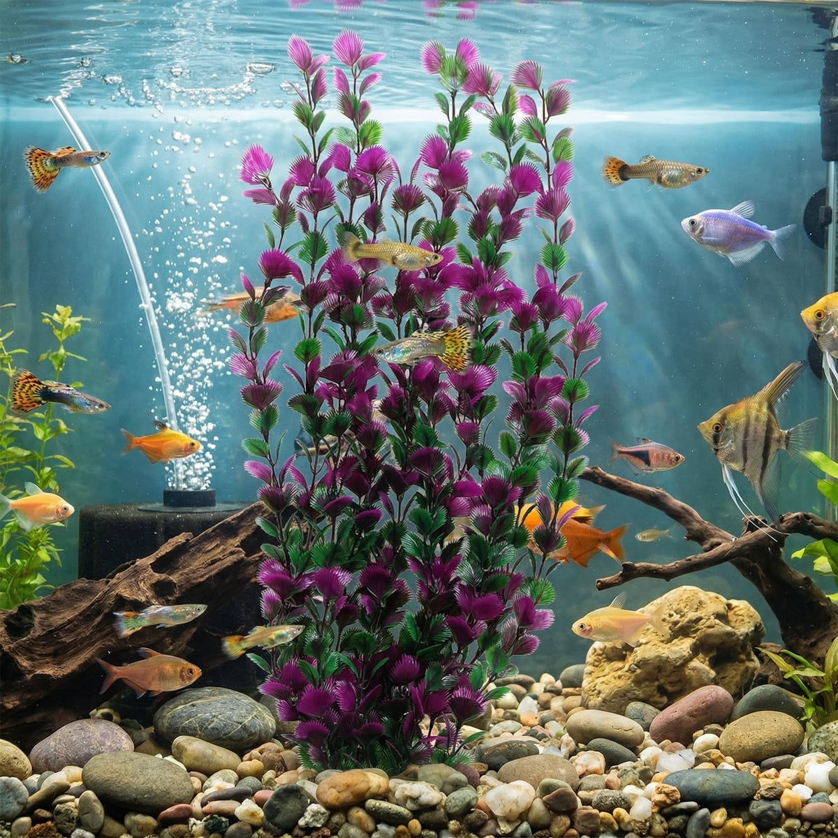 Lantian Grass Cluster Purple Leaves Aquarium Décor Plastic Plants Extra Large 21 Inches Tall 6522, Purple and Green
