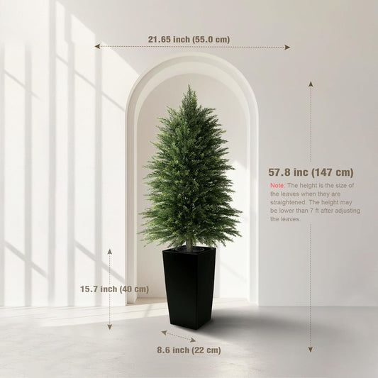 5FT Tall 2 Pack Artificial Cedar Topiary Trees with Compact Pyramidal Shape, Realistic Faux Cypress in Square Black Pot with Fillable Water Bag, Outdoor Evergreen for Front Porch Garden Home Decor