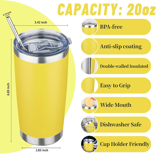 20 oz Tumbler with Lids and Straws, Stainless Steel Insulated Travel Coffee Mug, Double Wall Vacuum Insulated Tumblers, Powder Coated Coffee Tumbler for Cold & Hot Drinks (Yellow)