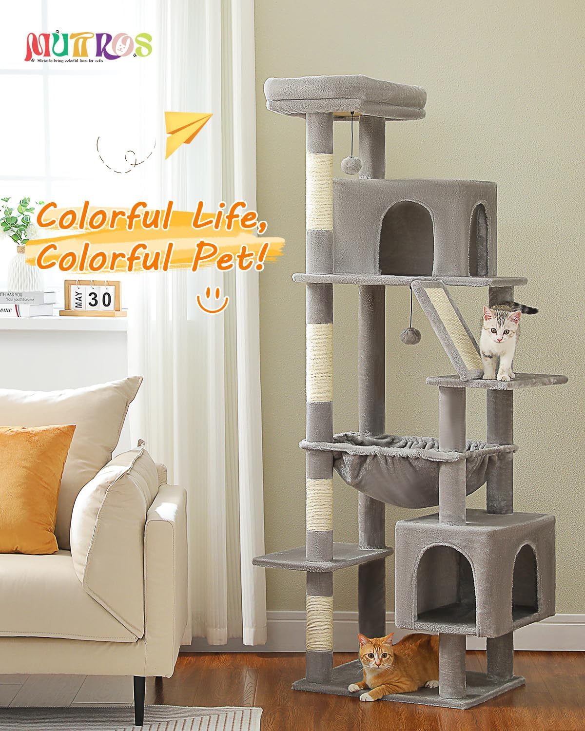 Cactus Cat Tree for Adult Cats with Super Large Top Perch, 56.3" Cat Tower for Cats with Plush Hammock, Dangling Pompom, Cat Scratching Posts and 2 Condos, Green House