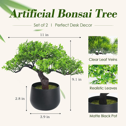 2Pcs Small Fake Plants Artificial Bonsai Tree Set Ficus and Cedar for Office Desk Shelf Room Home Zen Decor Indoor