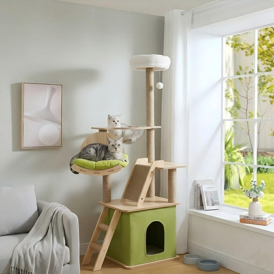 59.1-Inch-Green Cat Tree for Indoor Cats Large Adult, with Cat Condos,Cat Scratchers,Cat Hammock,Space Capsule, Plush Jumping Platform,Hanging Ball,Cat Trees for Indoor Cats(Green/Log Color)
