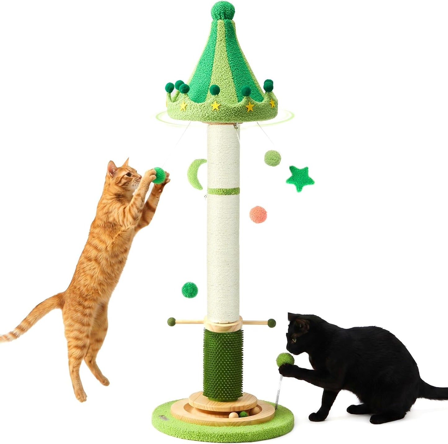 51'' Extra Tall Cat Scratching Post,Luxury Carousel Shape Thick Sisal Scratching Post for Indoor Adult,Heavy Duty Stable Stylish Scratcher Tree with Interactive Wood Ball 2*Peppermint Toys for Large